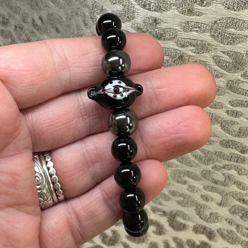 Black Obsidian, Hematite & Evil Eye Stretch Bracelet *Protective Energy* 🧿 - Picture 3 of 9